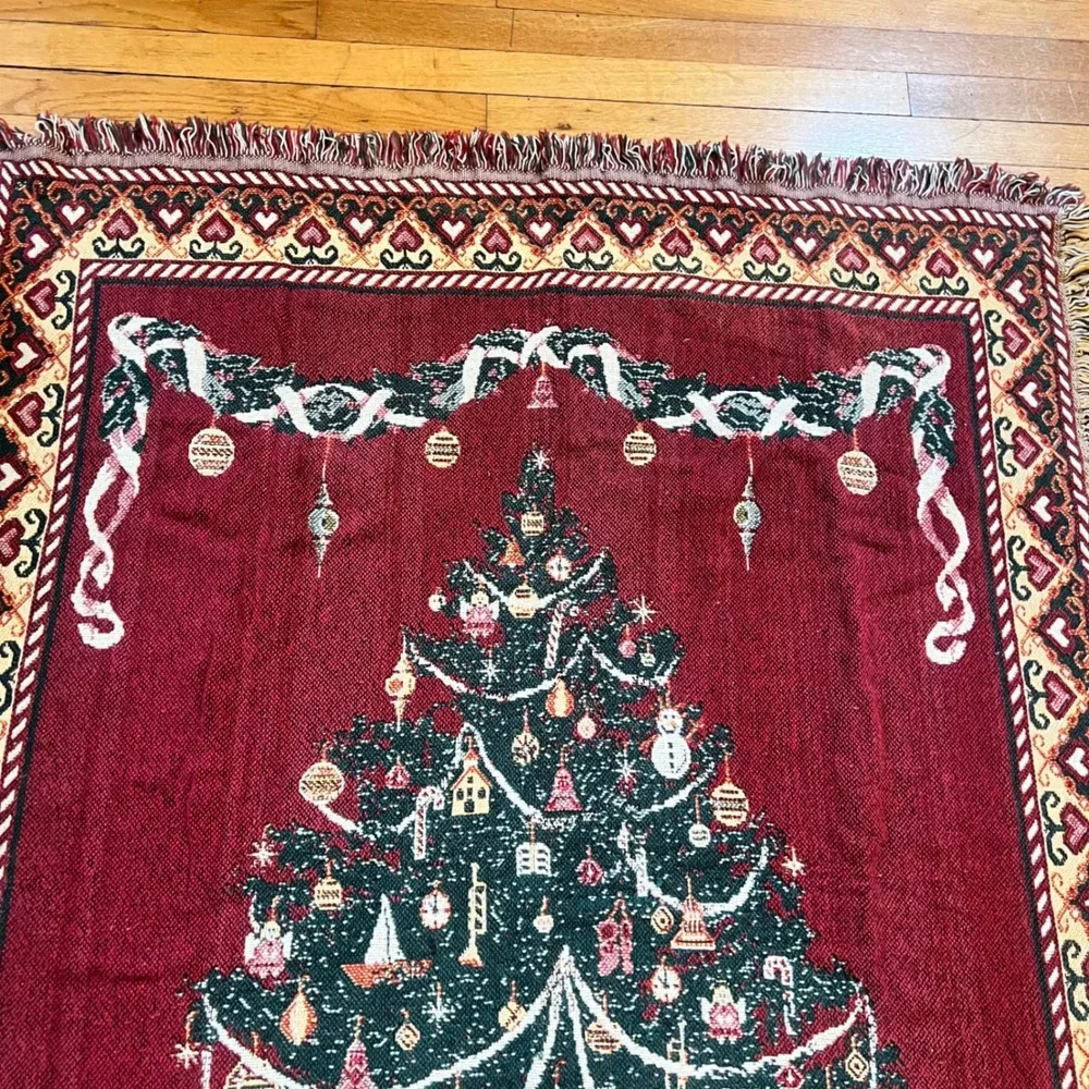 Crown Crafts Christmas Tree Woven Tapestry Throw Blanket Burgundy Cotton USA